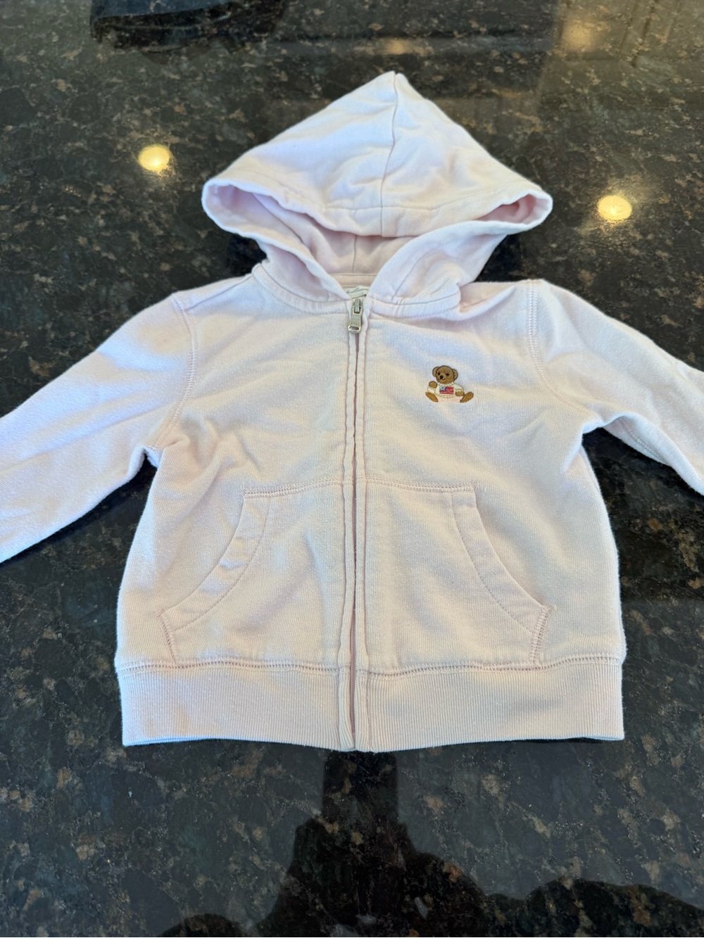 Ralph Lauren Light Pink Kids Hooded Zip Sweatshirt with Bear Patch